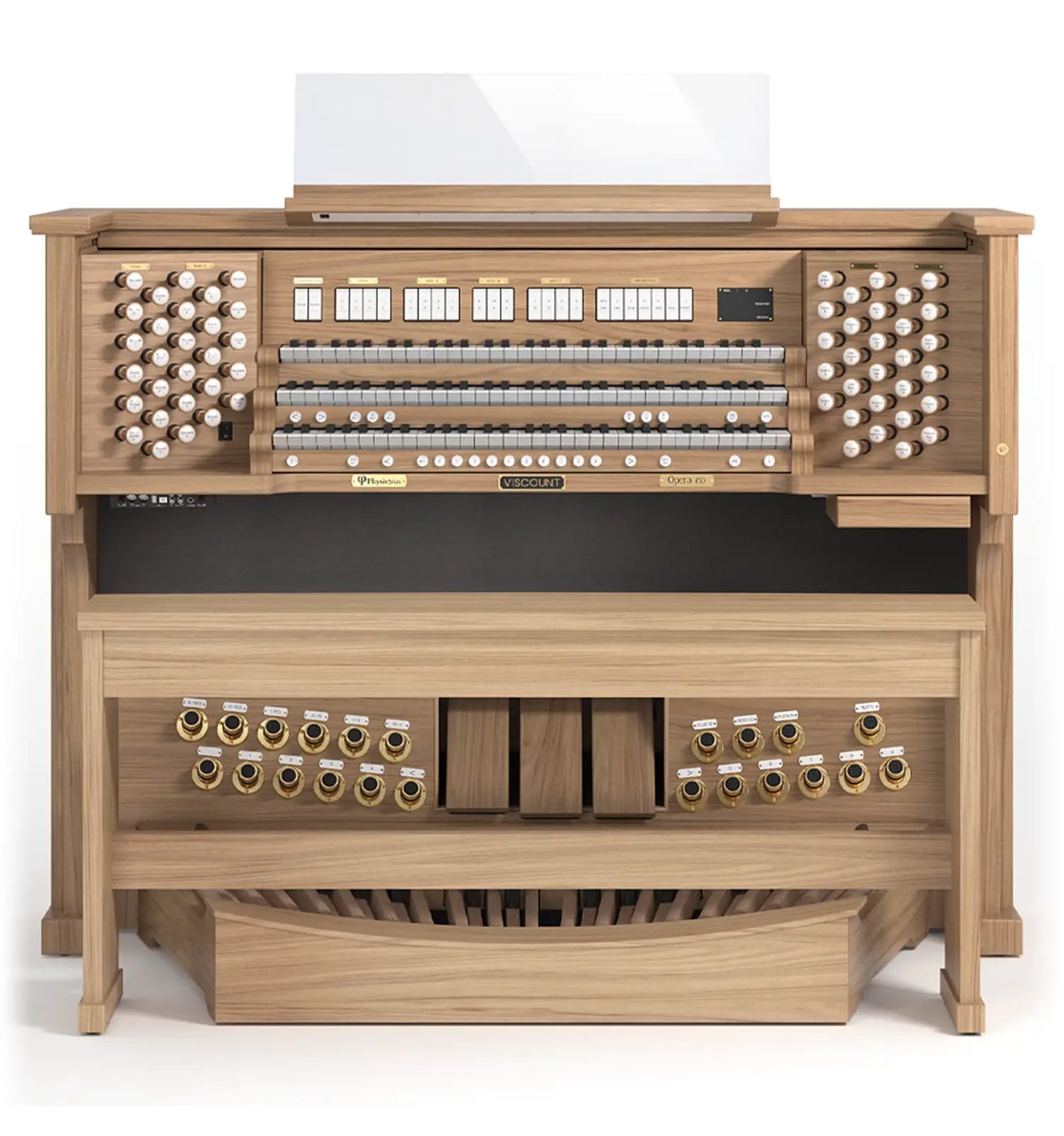 Console litúrgico Viscount Opera 450 em madeira clara, com três manuais e registros em tiradores redondos